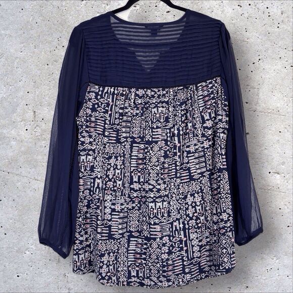 Lucky Brand Top Pintuck Split Neck Women’s 1X Blue Flowy Boho Blouse Semi Sheer - Picture 3 of 8